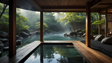 Fototapeta premium serene Japanese hot spring environment surrounded by natural elements