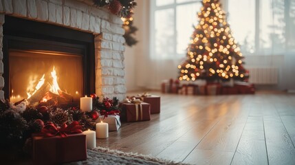Holiday able with christmas tree and fireplace with copy space