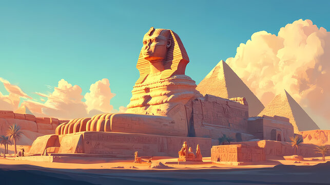 Iconic and majestic sphinx sculpture at the ancient and renowned giza plateau in egypt. Guardian Sphinx. Illustration