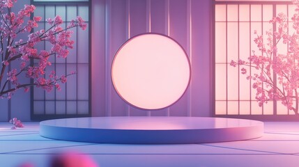 Minimalist Product Display with Round Platform, Sakura Branches, and Neon Lighting