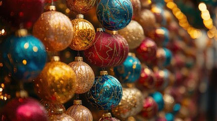 Holiday decorations. Festive Christmas decorations in vibrant colors, New Year celebrations