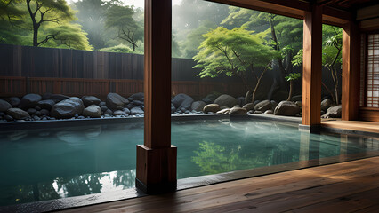 serene Japanese hot spring environment surrounded by natural elements