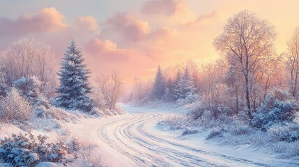 Obraz premium Serene winter landscape with a winding road and frosted trees under a soft pastel sky, evoking tranquility and natural beauty.