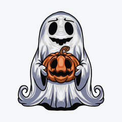 Cute Ghost Holding a Pumpkin Art for Halloween