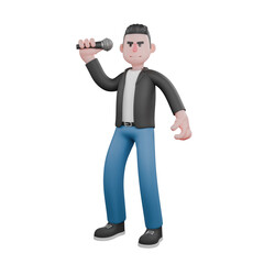 Animated 3D Music Character. a male musician stands holding a microphone in his left hand with an excited expression.  Vocal Performer