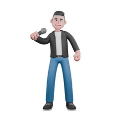 3D Illustration of Cartoon Music Star. a male musician stands holding a microphone in his left hand with a happy expression.  Vocal Performer