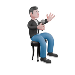 3D Cartoon Music Star Model. a male musician sits on a chair holding a microphone in his right hand and his left hand is raised up with a waving gesture.  Singing Performer