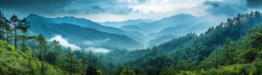 Fototapeta premium Stunning Panoramic View of Misty Mountain Range with Lush Green Forests and Dramatic Sky in Serene Landscape