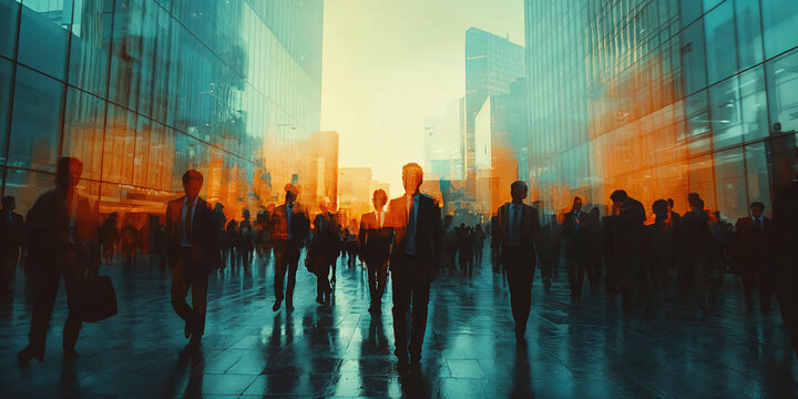 An aspirational crowd of professionals walk toward a new opportunity as represented by the rising sun in the sky 