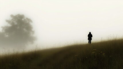 Solitary Figure Walking in Foggy Field with Tree Silhouette