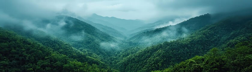 Fototapeta premium Stunning Aerial View of Misty Green Mountains and Lush Forests in a Serene Landscape Captured on a Cloudy Day
