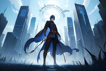 RPG未来文明都市に立つ勇者イメージオープニング風