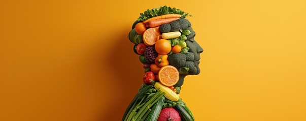 Naklejka premium Concept of organic food and human body shape. A vibrant profile of a human head made from various fresh fruits and vegetables against a bright yellow background