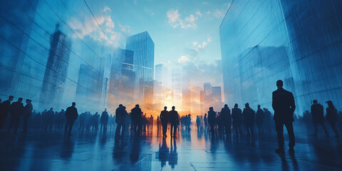 An aspirational crowd of professionals walk toward a new opportunity as represented by the rising sun in the sky 