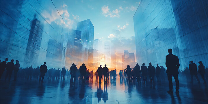 An aspirational crowd of professionals walk toward a new opportunity as represented by the rising sun in the sky 