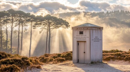 Stone Building in Misty Forest at Sunrise with Sunbeams