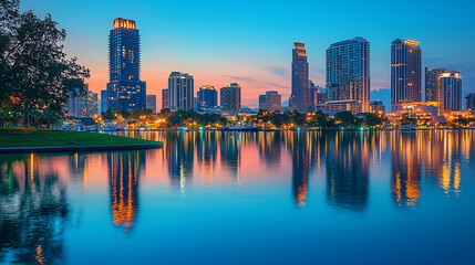 Obraz premium City skyline reflecting in calm lake at twilight with colorful sky
