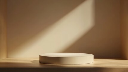 A Round Pedestal on a Wooden Shelf with a Light Beam