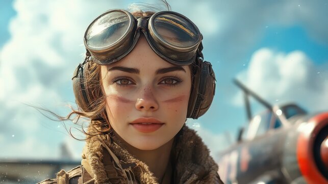 Vintage female pilot in front of historical aircraft