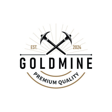 mountain gold mining logo design with simple vintage pickaxe tool concept illustration template