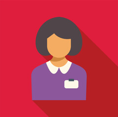Minimalist vector illustration of a young woman wearing a purple uniform and a name tag, possibly a student, employee, or healthcare worker