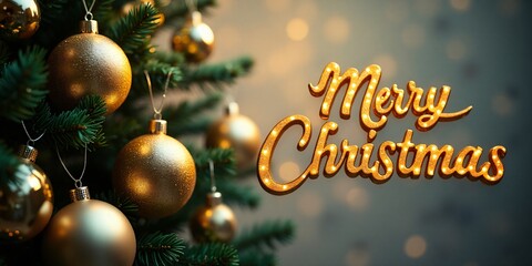 Merry Christmas Golden and silver baubles on a Christmas tree on the left side, with (Merry Christmas) in a festive, metallic font on the right