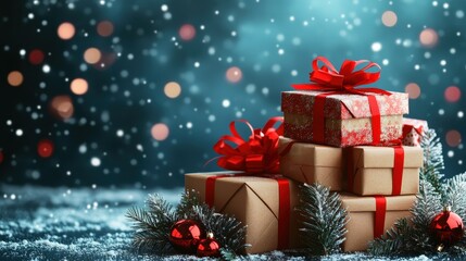 Stack of Christmas gift boxes. Heap of wrapped present boxes with bows. Composition with copyspace. Christmas present, Valentines Day, Birthday concept, Happy New Year greeting card