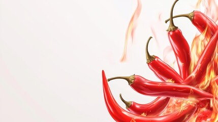 Spicy Red Chili Peppers with Flames on White Background