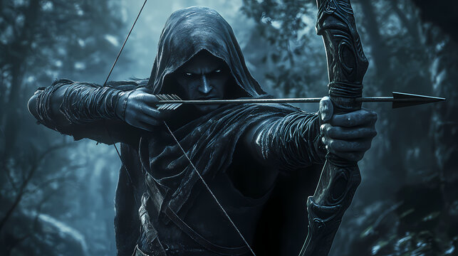 Mysterious dark elf archer in enchanted forest - fantasy 3d render with menacing expression and bow and arrows. Dark Elf Warrior. Illustration