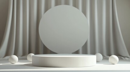 Fototapeta premium White Circular Platform with Spheres and Draped Fabric Background