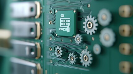 Fototapeta premium Green Circuit Board with Cogs and Web Icon Technology Concept