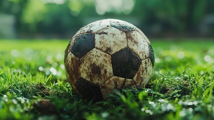 Dirty soccer ball on green grass of football field.