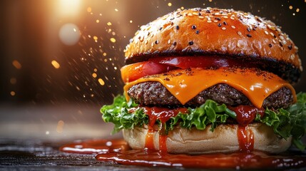 Fast food burger poster, burger design service promotion template. Burger flyer for restaurant menu, cafe, etc. Generative Ai.