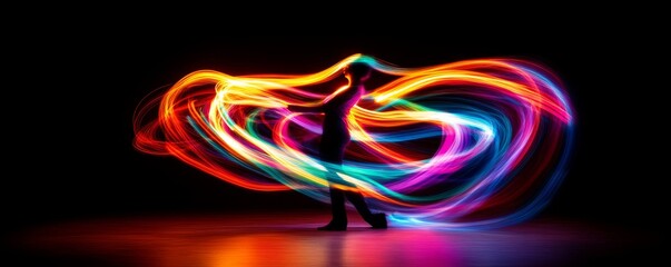 Silhouette of a person swirling colorful light trails.