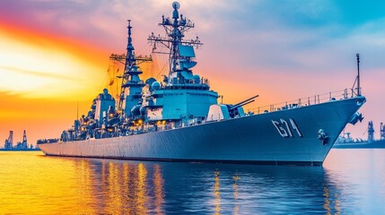 Fototapeta premium Military Warship at Sunset Naval Vessel Sea Ocean Defense Navy