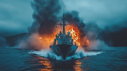 Fototapeta premium Navy Ship Fire Explosion Dramatic Smoke Ocean
