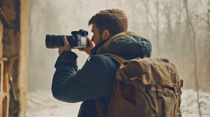 Photographer with Backpack Taking Pictures in Snowy Woods