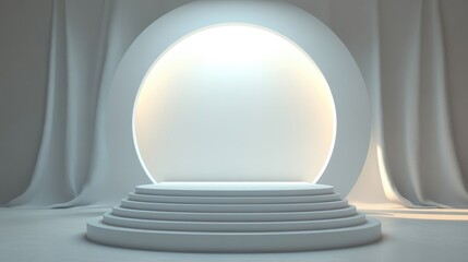 Obraz premium A White Circular Platform with an Oval Archway and White Curtains