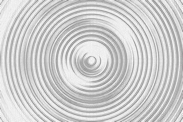 Radial halftone gradient background. Dotted concentric texture with fading effect. Black and white circle shade wallpaper. Grunge rough vector. Monochrome backdrop
