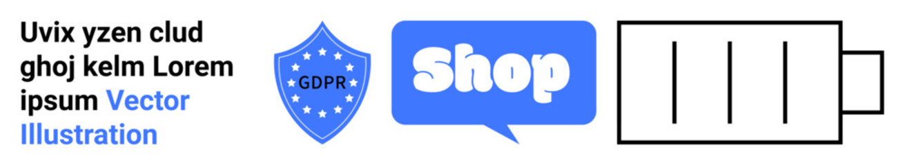 Shield with GDPR text, a conversation bubble with Shop text, and a battery icon. Ideal for data protection, online shopping, mobile apps, energy management, and technology. Banner for landing page