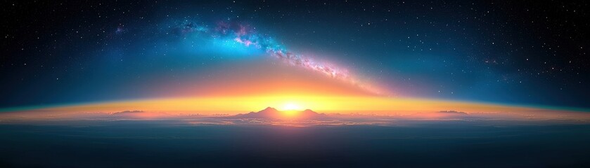 Obraz premium Cosmic Sunrise Over Clouds with Milky Way Galaxy and Stars