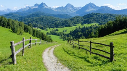 Mountain Landscape with Winding Path and Wooden Fence