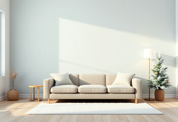 winter themed minimal room interior with sofa and blank wall copy space background