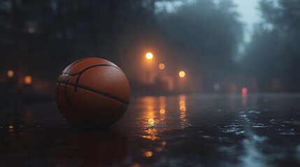 Obraz premium Wet basketball on the ground in the rain, a closeup view of sporty scene wet