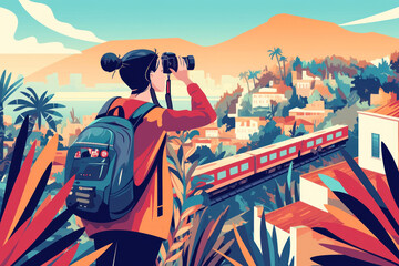 Illustration of a Woman with Backpack Taking a Photo of a City with a Train