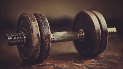 Fototapeta premium Iron dumbbells rest on a weathered wooden surface, ready for a challenging gym workout