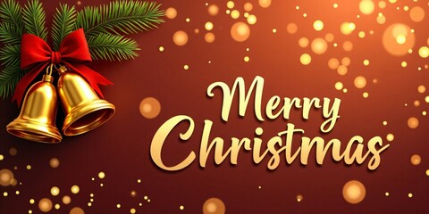 Christmas Golden bells tied with a red ribbon on the left, with (Merry Christmas) written in a festive, bold font on the right side.