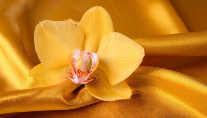 Yellow Orchid Flower on a Draped Soft Yellow Silk Fabric