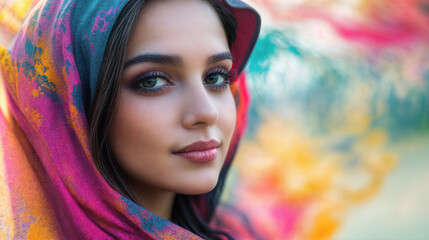 A close-up portrait of a smiling woman with brown eyes and soft makeup, draped in a colorful scarf or shawl. The background is blurred with warm, abstract hues for a dreamy effect.