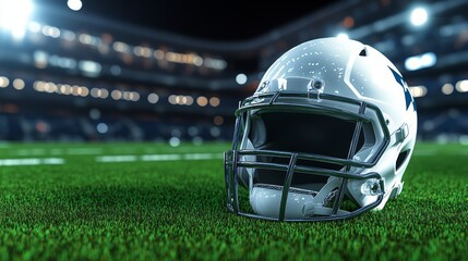 Closeup of a football helmet on the field, gridiron action and protective gear for intense sports competition